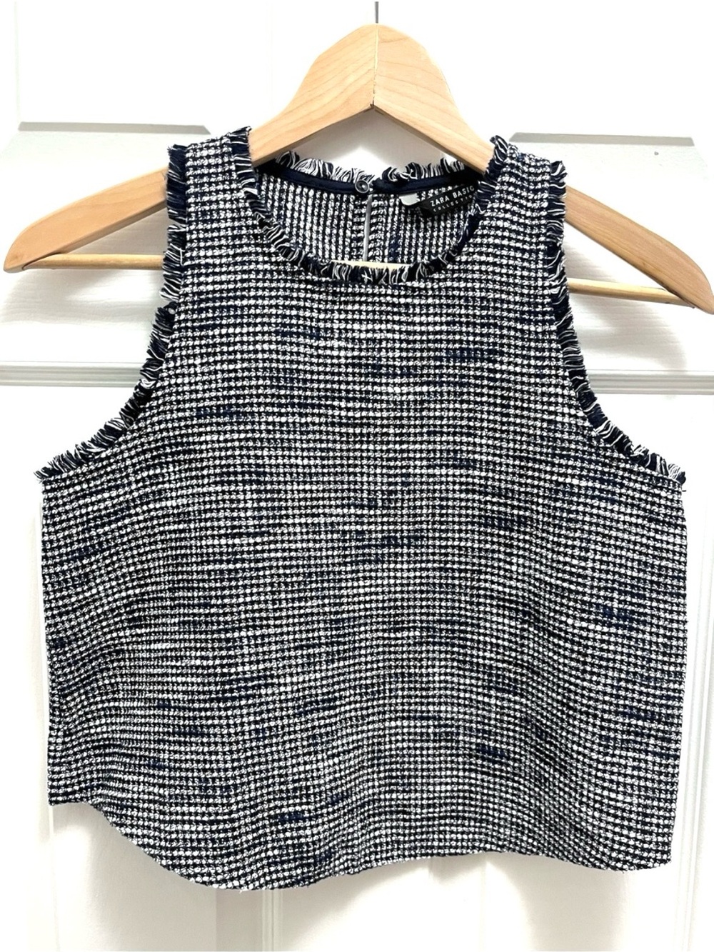 Zara Navy White Tweed Fringe Sleeveless Top XS